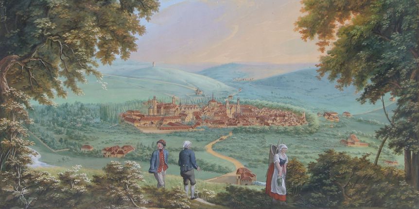 Farbige Ansicht zeigt Mergentheim mit Schloss, Kirchen und Stadtmauer, im Vordergrund den Fluss Tauber