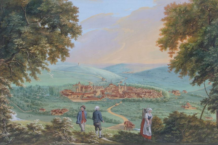 Farbige Ansicht zeigt Mergentheim mit Schloss, Kirchen und Stadtmauer, im Vordergrund den Fluss Tauber